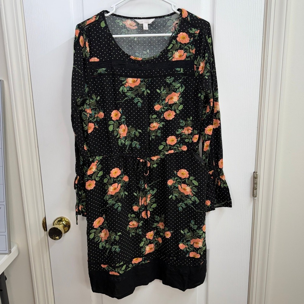 LC Lauren Conrad black embroidered floral polka‎ dotted mini knee casual dress L